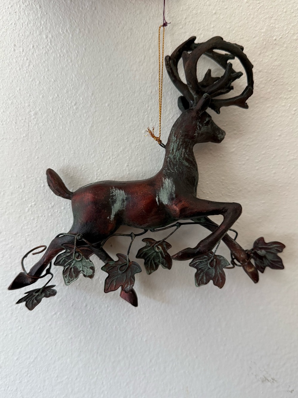 Metal Reindeer Wall Ornament in Distressed Copper and Green Patina